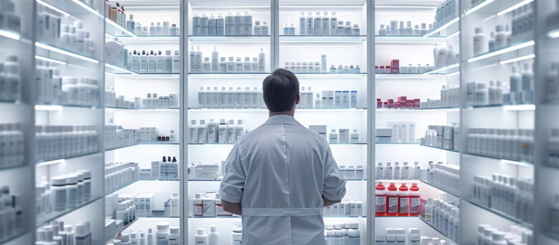 Photo of a male pharmacist in a contemporary pharmacy, arranging medicine on shelves. The image is captured from an angle shot, focusing on the pharmacist’s movements and the modern design of the store. Realistic and cinematic. Award-winning photography. Advertising photography. Commercial photography. --chaos 13 --ar 8:5 --stylize 300 Job ID: f5686112-1c18-496f-a2f4-0f7cc1e13c0f
